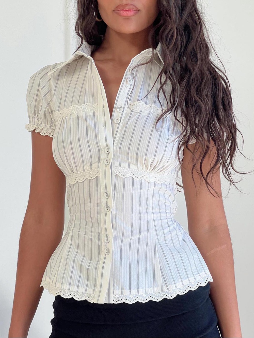 Princess Polly Cream Striped Lace-Trim Button Down Top